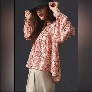 Anthropologie floral French country peasant viscose tie blouse